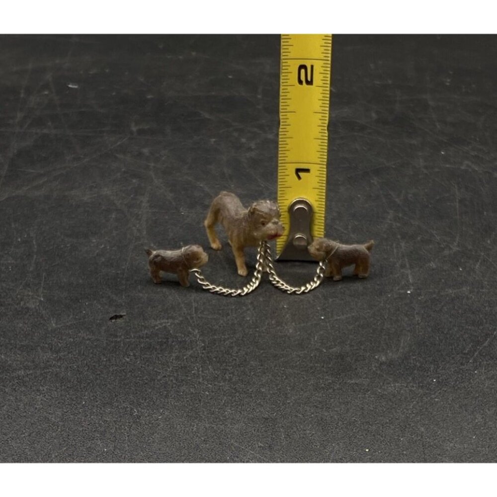 Tiny Celluloid Bull Dog Mama & 2 Puppies On Chain Leash Occupied Japan 1945 - Picture 5 of 8